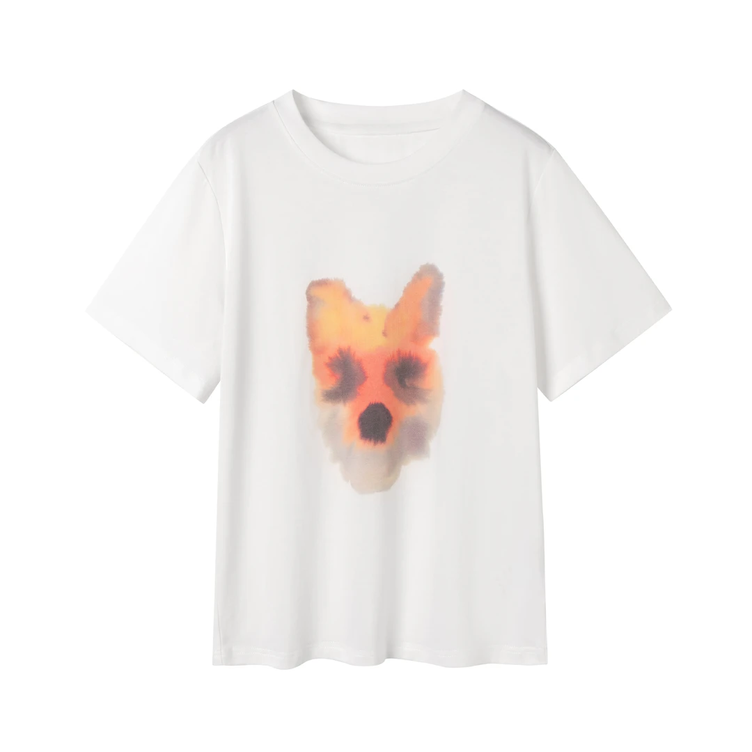 PENGXIAXI 深圳南油新设计款印花T小狗印花白色纯棉圆领短袖T恤
