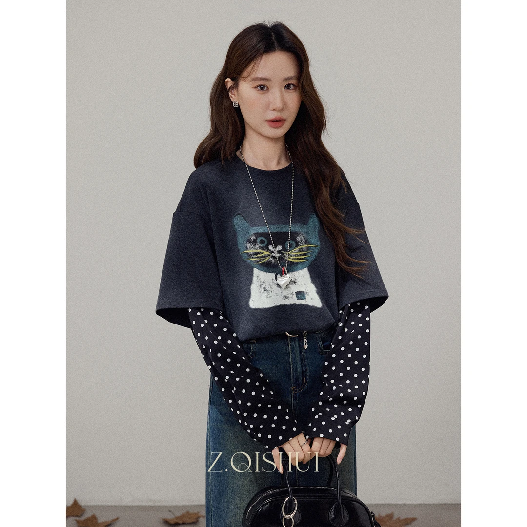 张汽水长袖宽松印花百搭韩版潮流时尚拼接灰色T恤Z18811