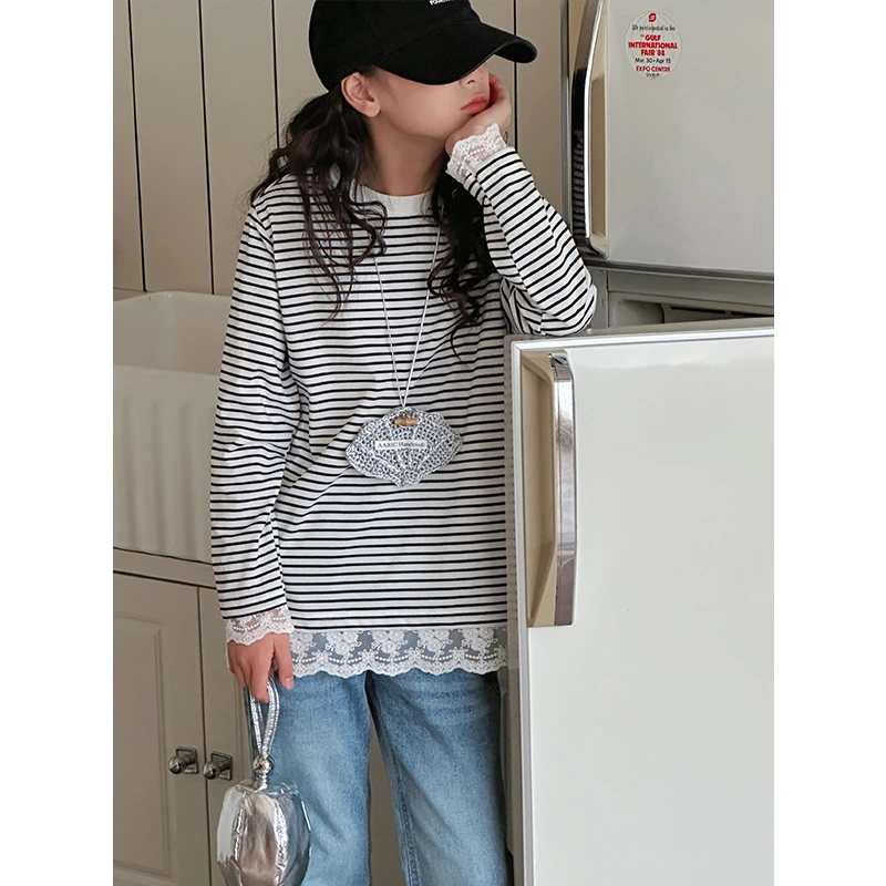 K28246蕾丝拼接女童长袖T恤2025春装新款儿童条纹上衣春秋休闲薄t