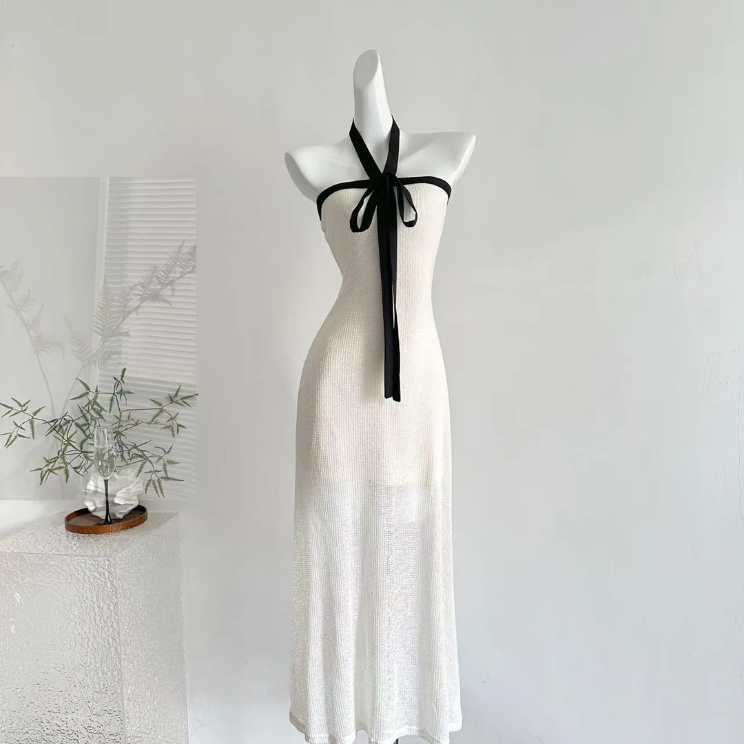 法式挂脖连衣裙女2025夏季抹胸长裙一字肩气质裙子