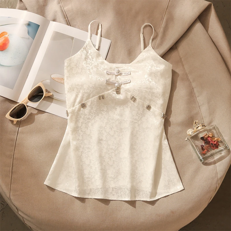 高级感印花缎面字母吊带背心女夏季新款性感修身内搭美背无袖上衣