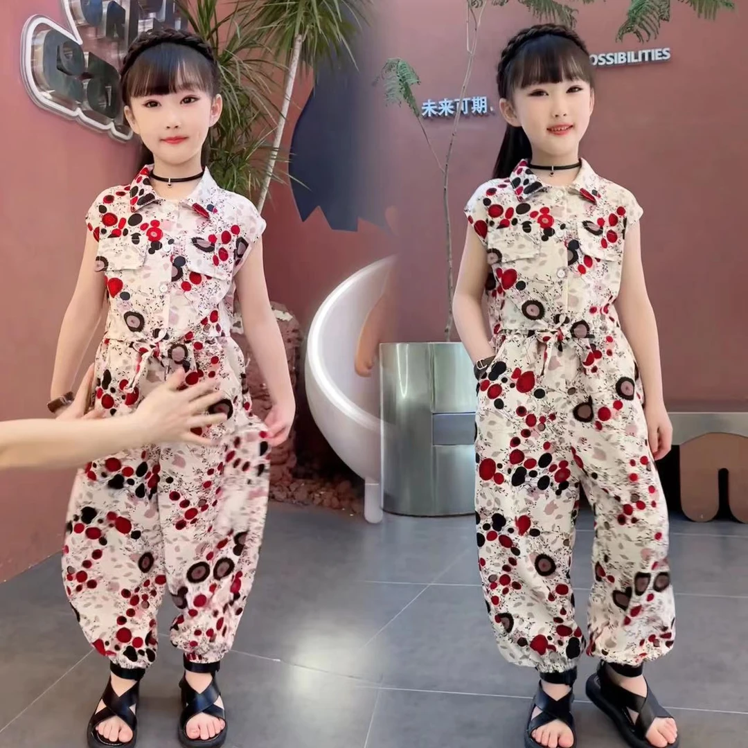 女童夏装套装2025新款儿童装夏季洋气时髦女孩无袖碎花雪纺两件套