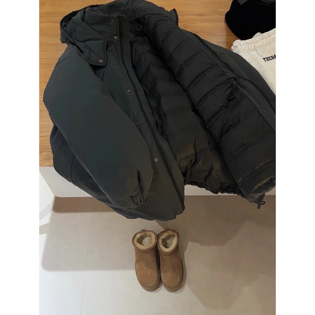 日系韩风休闲大版！90白鸭绒抽绳收腰中长款羽绒服派克服外套26220