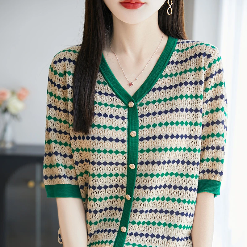 品牌新款V领针织提花拼色薄款套头短袖上衣洋气百搭