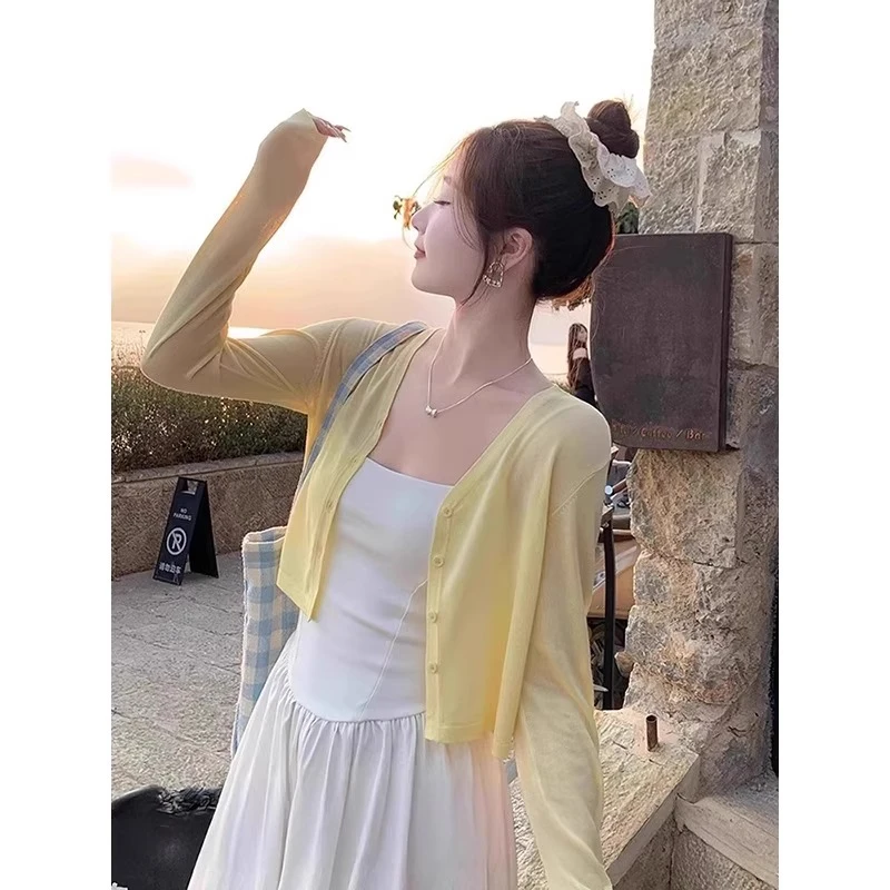 奶黄色防晒针织开衫女士夏季高级感配吊带小外搭披肩罩衫冰丝外套