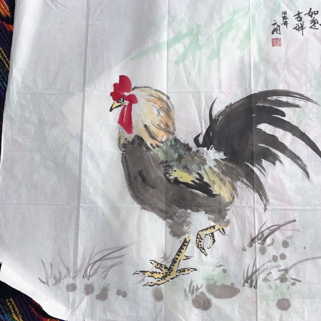 国画秦元国斗方花鸟朱