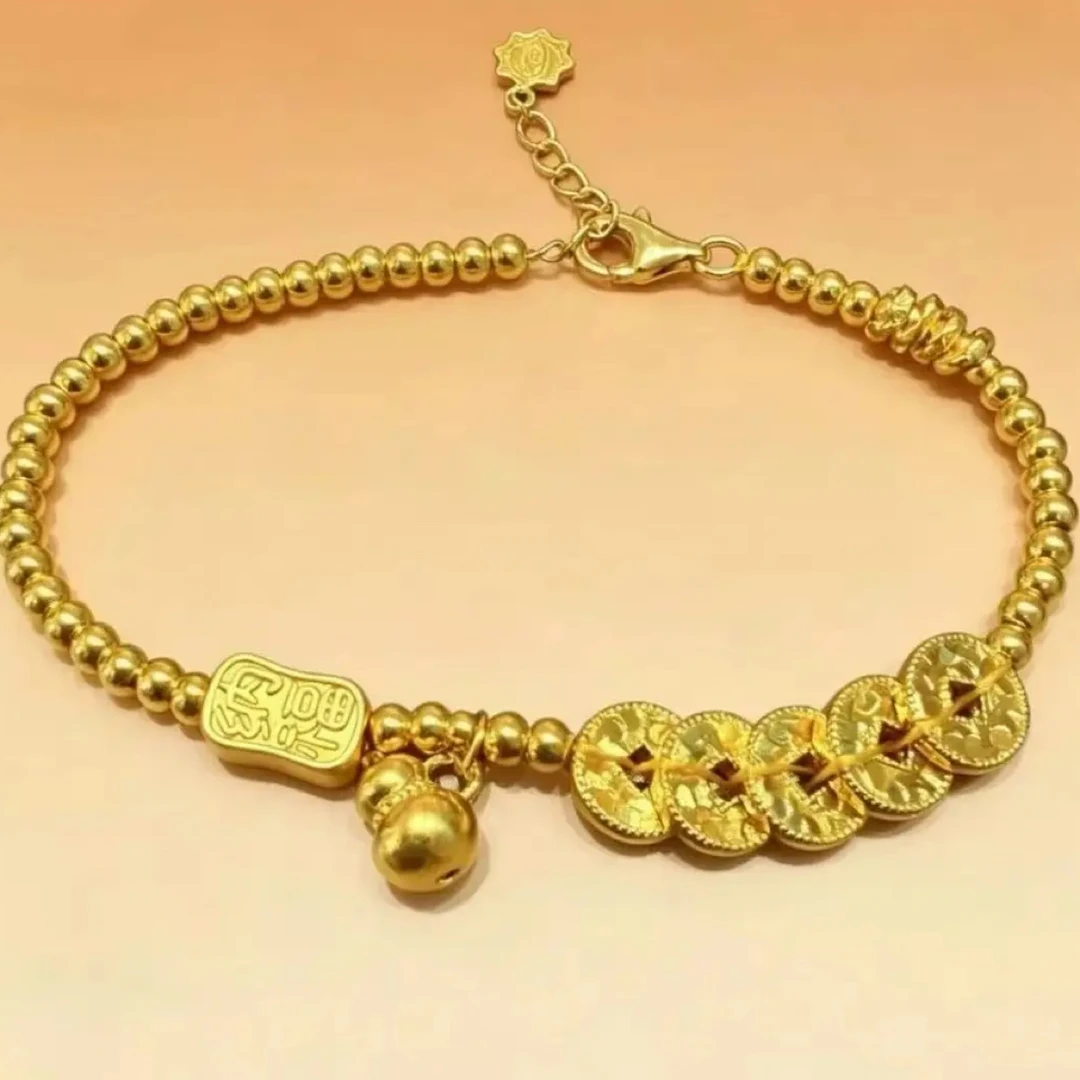 足金999闪灵五帝币葫芦福牌金珠满圈配件JHY0028
