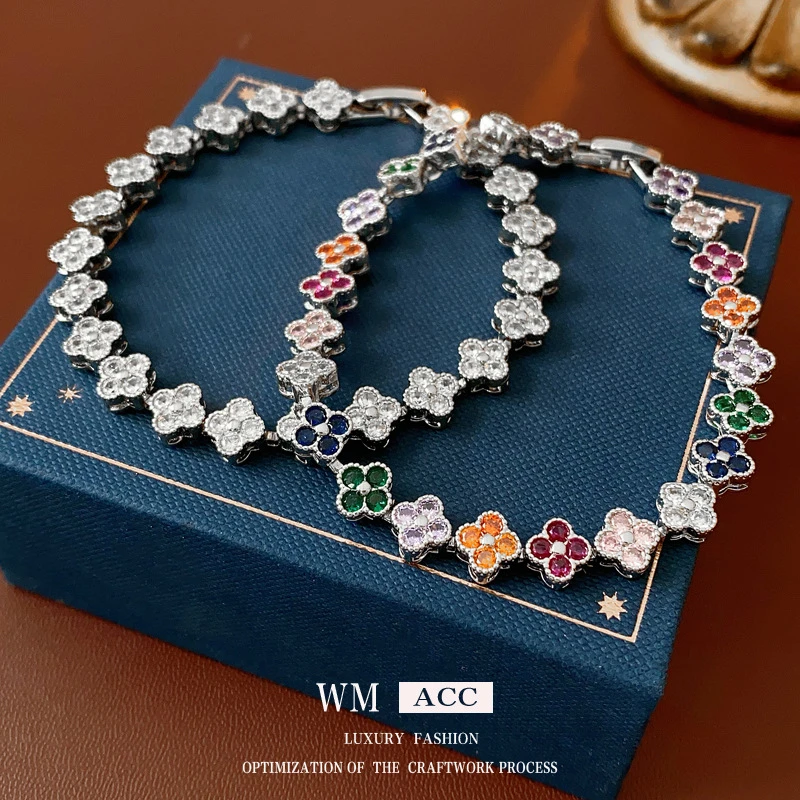 锆石幸运草花朵卡扣手链时尚通勤百搭ins手环轻奢高级感小众手饰