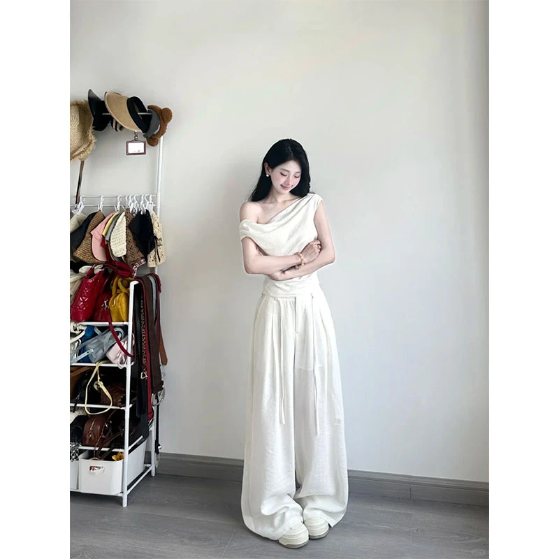 夏季新款显瘦修身设计感小众网红简约风斜肩上衣休闲直筒宽松长裤