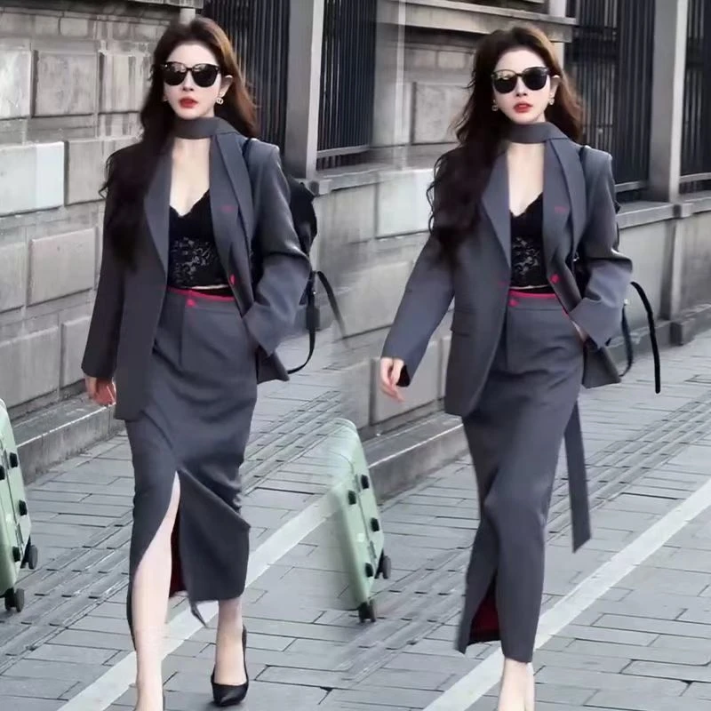 2025秋季洋气香风高级显瘦气质遮肉套装西装新款半身裙两件套外套