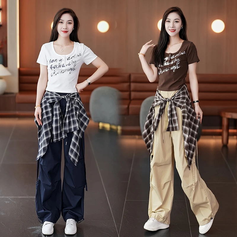 时尚休闲短袖套装女2025夏季新款显瘦百搭减龄韩系字母短袖工装裤