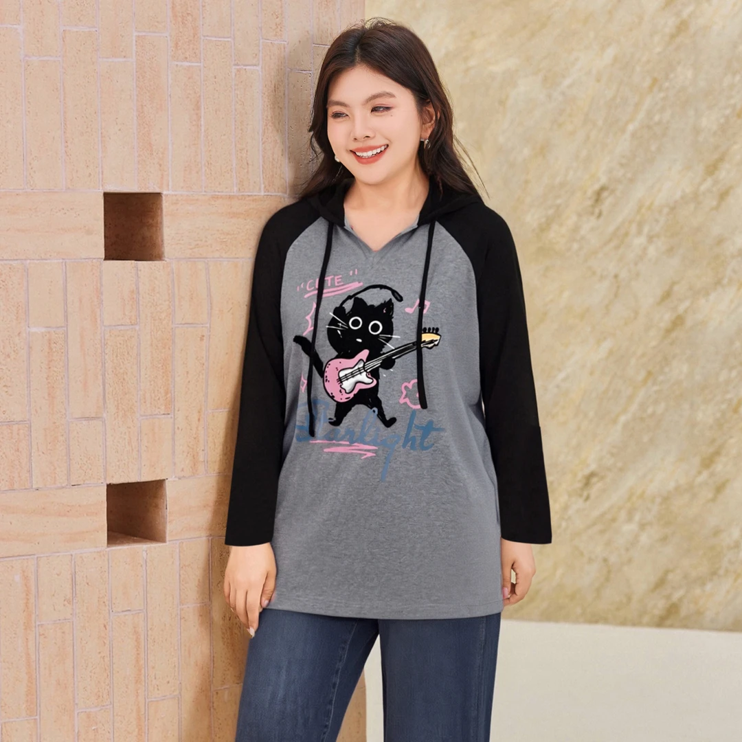 【现货-趣味小猫印花连帽T恤】MsShe大码女装秋季撞色长袖K2508003