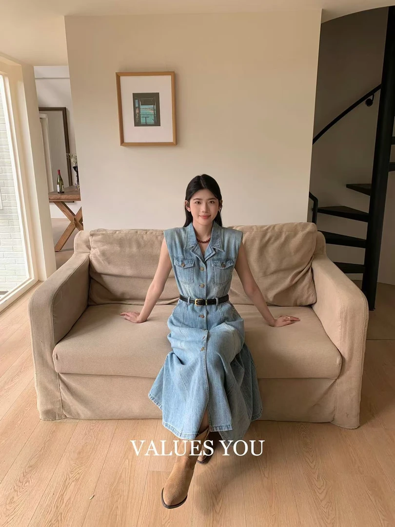 【NO退NO换】鑫燃KIKI 时尚高级百搭无袖牛仔连衣裙配腰带 6011 VY