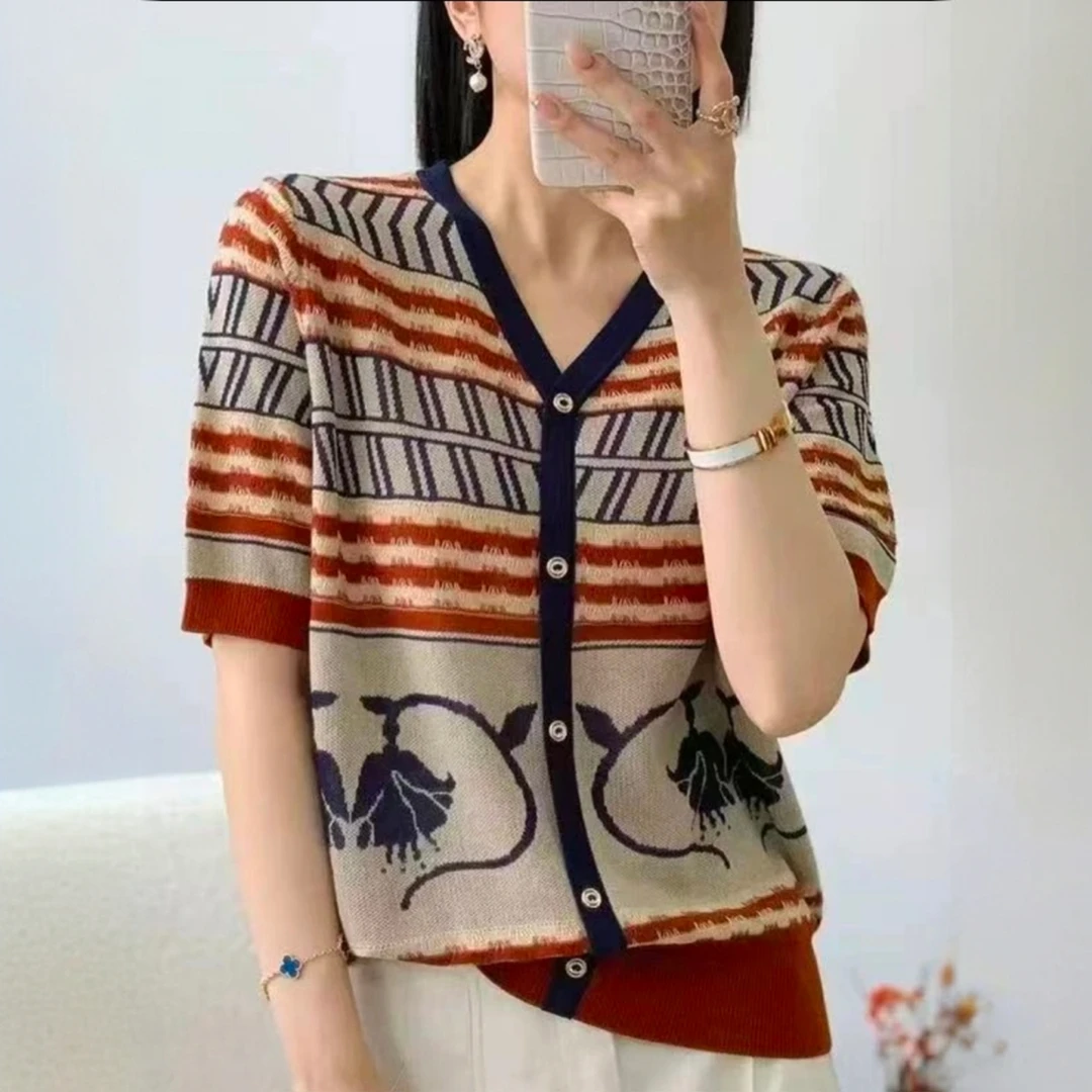 144【双人行短袖】高级气质夏季针织女衫上衣针织衫条纹时尚百搭