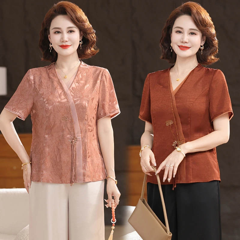 新中式妈妈装2025夏装新款套装中老年女装夏季短袖贵夫人时尚上衣