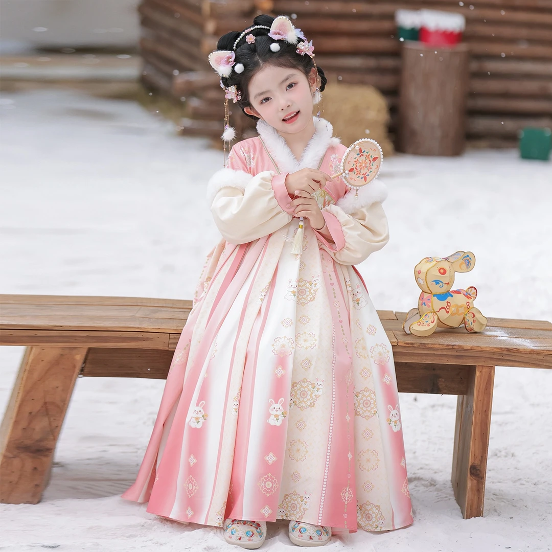 汉服女童冬装2025新款儿童仙气古装裙子冬季小女孩国风加绒连衣裙