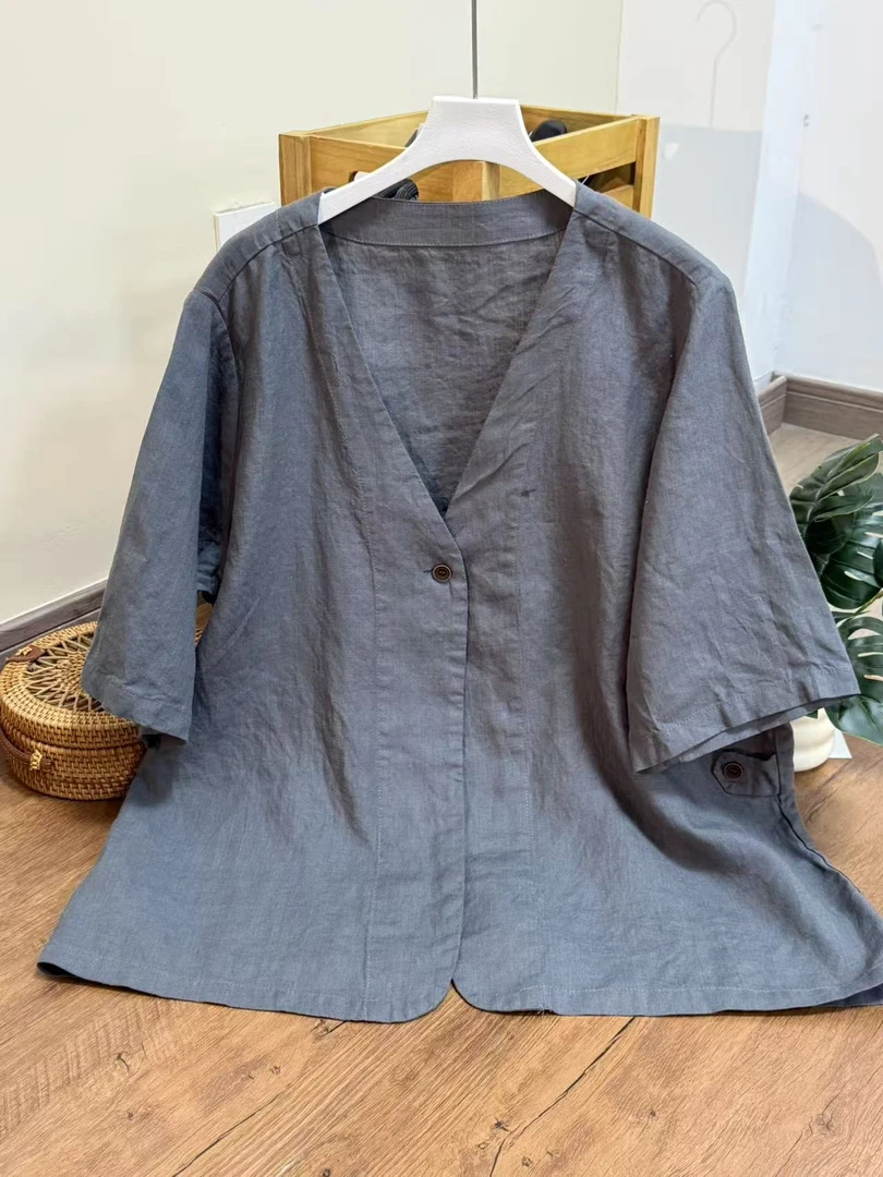 【云目悠悠】春夏季纯汉麻一粒扣宽松女士短袖开衫衬衫-2025518