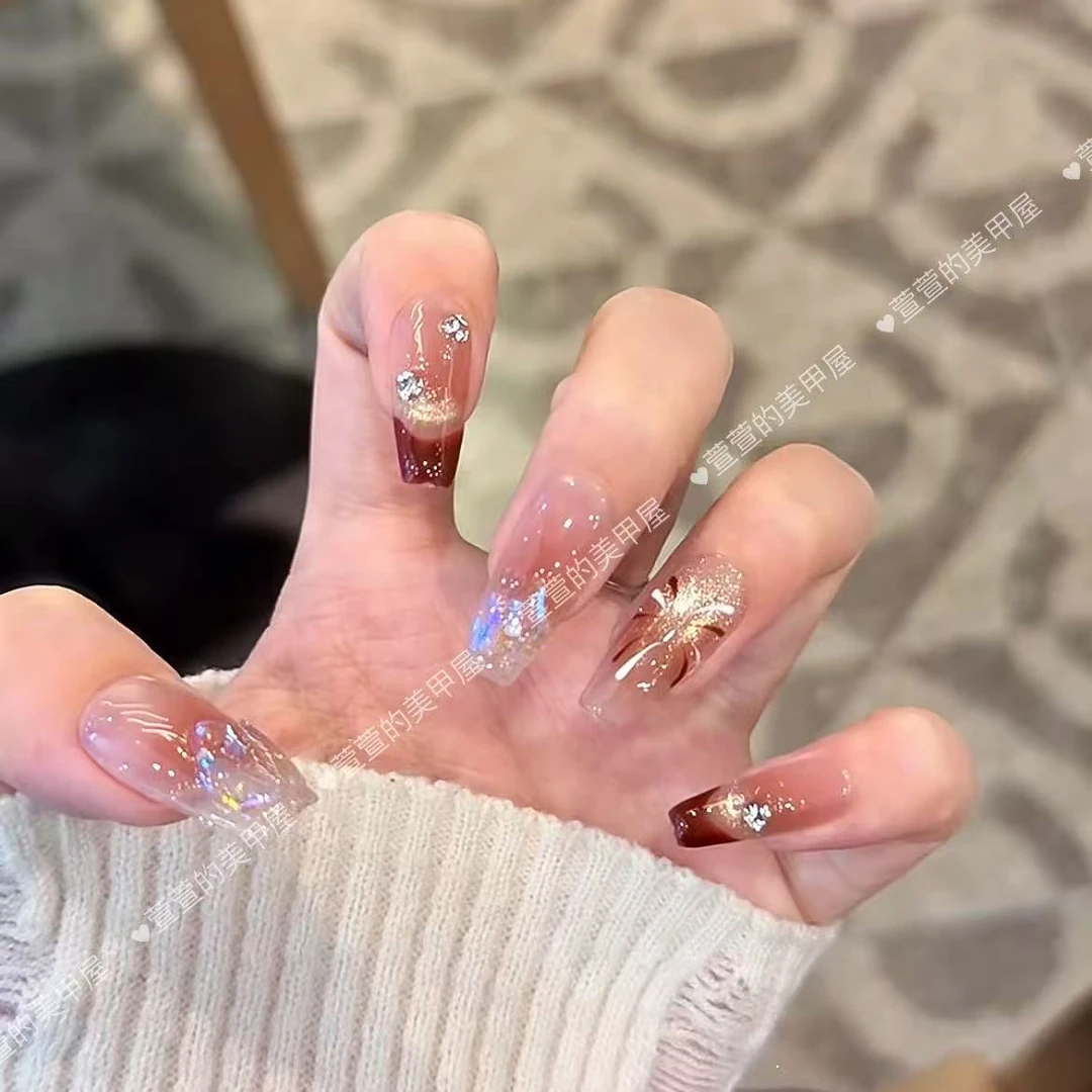 繁星烟花纯手工光疗美甲贴果冻贴片指甲穿戴甲美白简约梯形