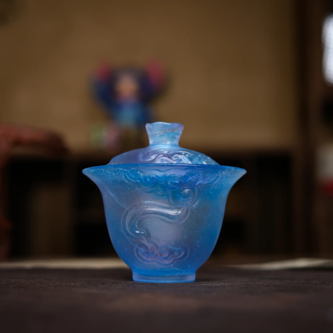 纳兰 云水间盖碗粉彩蓝紫色  琉璃S0685