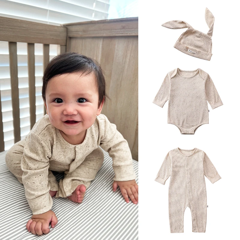 春上新燕麦色婴儿连体衣彩棉质打底睡衣春季哈衣男女宝宝爬服