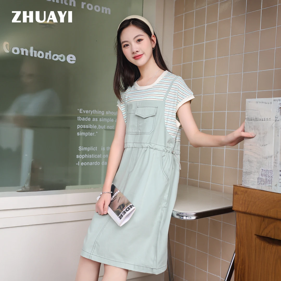 朱阿姨女童条纹拼接连衣裙显瘦夏装裙子假两件背带裙（25222345）3