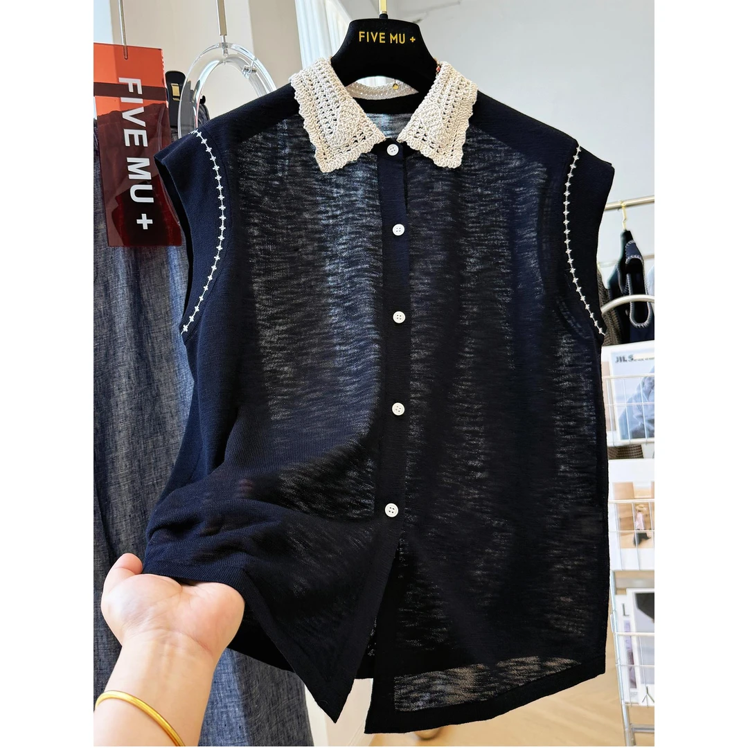 韩系高级感勾针翻领无袖针织衫男夏季薄款外穿马甲衬衣大码300斤