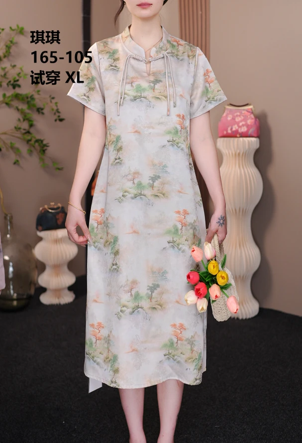 4010国风盘扣直筒遮肚子连衣裙