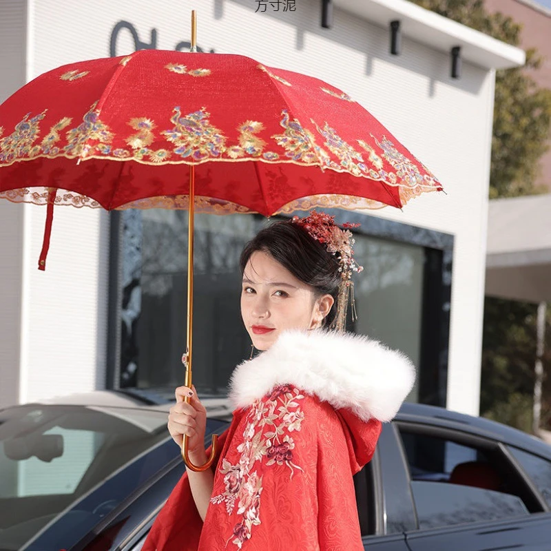 新娘结婚红伞婚庆出嫁伞蕾丝花边中式婚礼红色复古古风厂一件批发