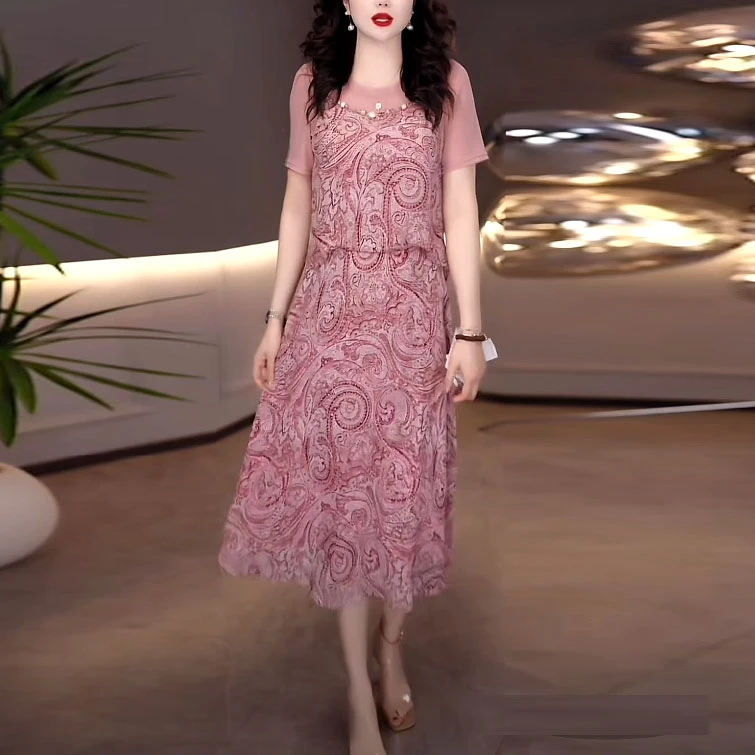 冰丝精纺洋气假两件连衣裙2025夏季新款修身遮肉洋气中长款裙子女