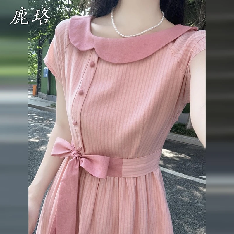 法式温柔风粉色条纹连衣裙子女夏季2025新款爆款独特漂亮绝美长裙