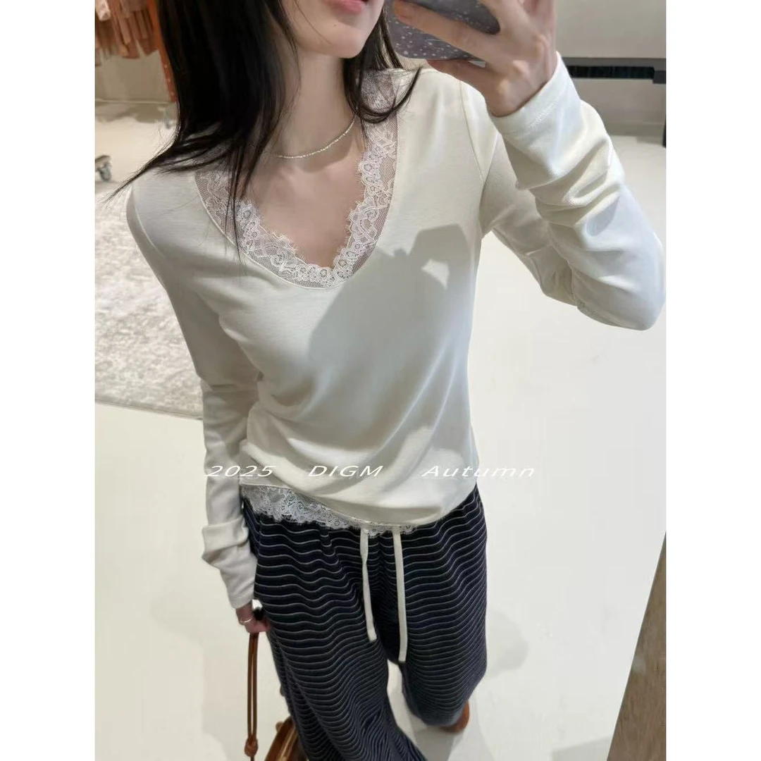 L-65255#软糯牛奶质感！拼接花边蕾丝精致长袖上衣