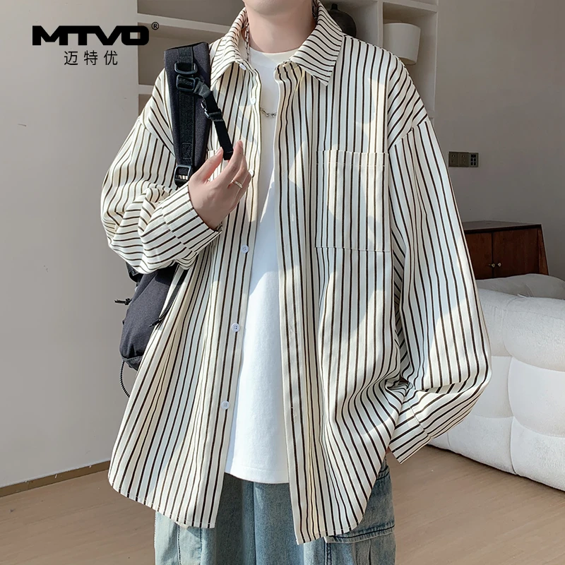 条纹长袖衬衫秋季新款2025男生潮流气质帅气百搭休闲宽松长袖衬衣