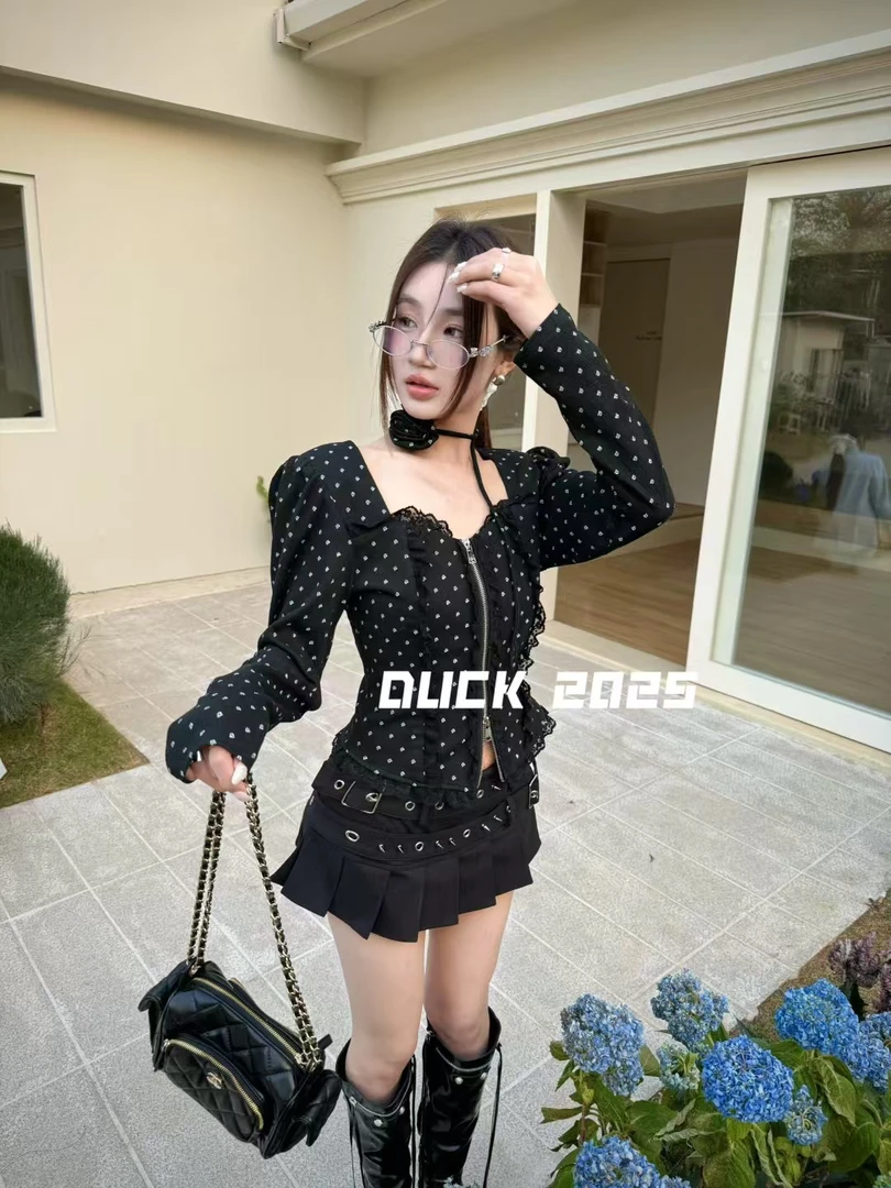 （大發）春季新款拉链波点小花朵显瘦上衣性感