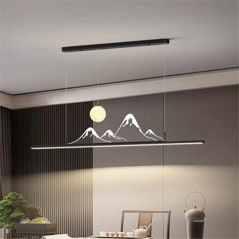 中式现代简约餐厅客厅吊灯设计师吧台茶室山水餐桌长条一字吊灯饰