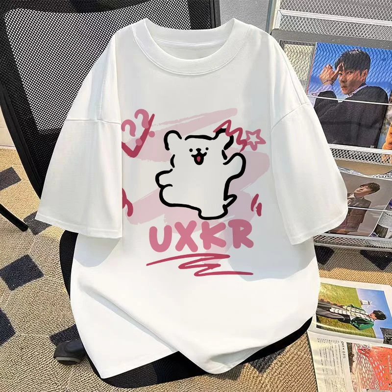 女童白色短袖t恤纯棉夏季新款线条小狗印花中大童时尚潮流上衣服