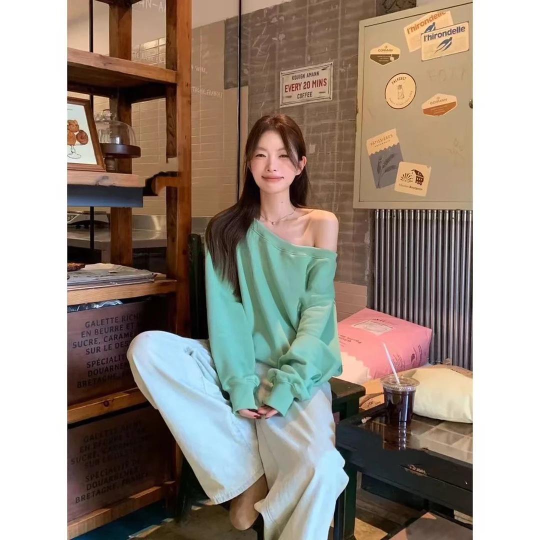 徐秋阳  薄荷蓝斜肩   春夏新款百搭时尚休闲显瘦显白上衣12330