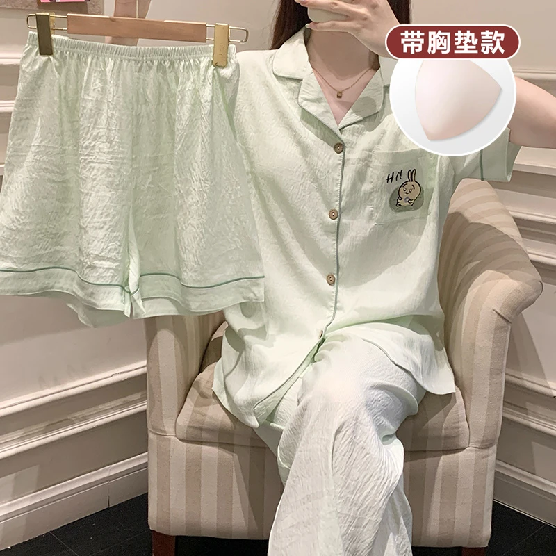 三件套睡衣女士带胸垫夏季2025新款甜美卡通短袖长裤家居服可外穿