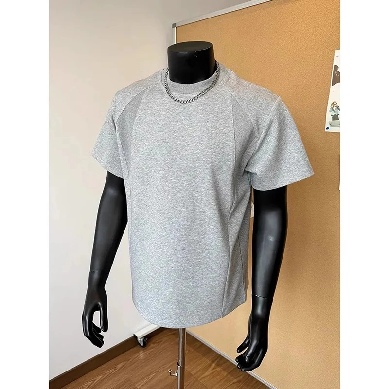 斌子同款空气棉正肩短袖男款夏季美式休闲复古小领口螺纹拼接T恤