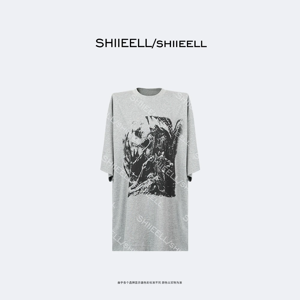 SHIIEELL美式复古棉质定染筋骨感水墨印花宽松T恤W0255