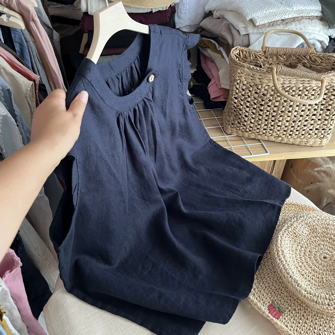 新款森系夏款无袖百搭常规拼接T恤飞飞袖圆领休闲女士