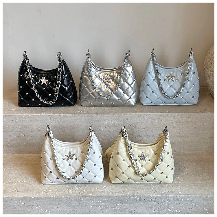 菱格链条包包女夏天2025新款时尚小众设计斜挎包高级感镶钻月牙包