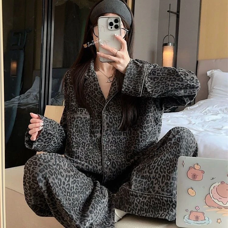 豹纹德绒情侣睡衣男女同款秋冬季保暖长袖轻奢开衫保暖家居服套装