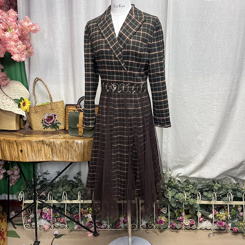 秋季优雅时尚显瘦中长裙长款格纹连衣裙高腰格子长袖
