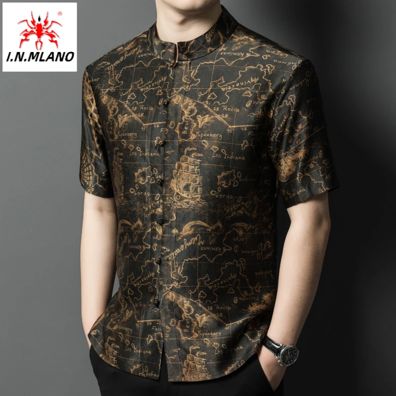 立领真丝香云纱短袖唐装上衣中国风休闲100%桑蚕丝衬衫中年男装潮