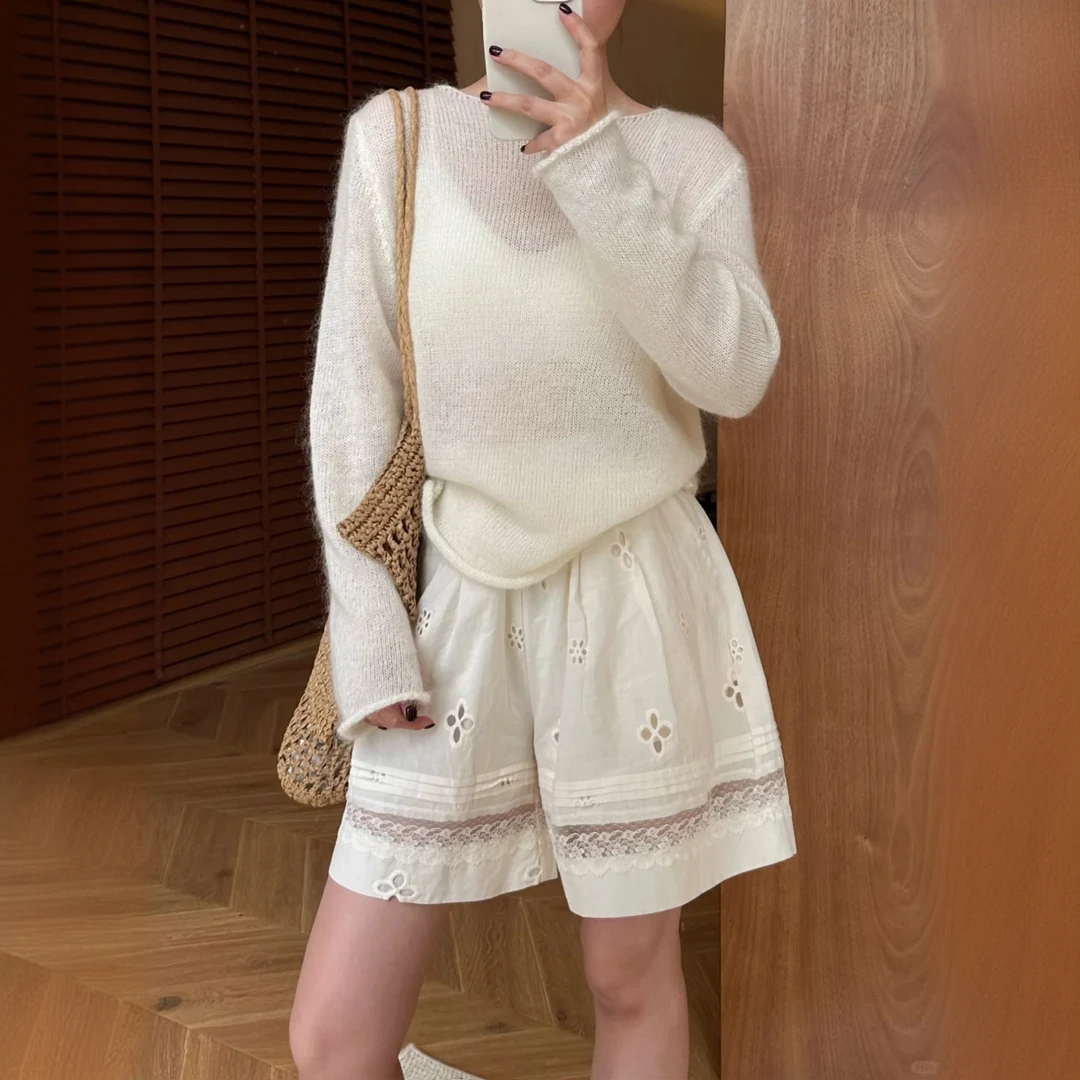 2025新款杏色蕾丝拼接短裤女夏设计感高腰显瘦休闲a字薄款阔腿裤