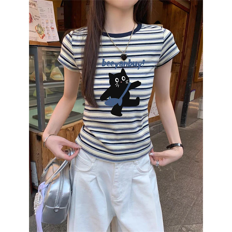 拼色条纹正肩短袖t恤女2025春夏季小众设计感时尚洋气减龄上衣潮