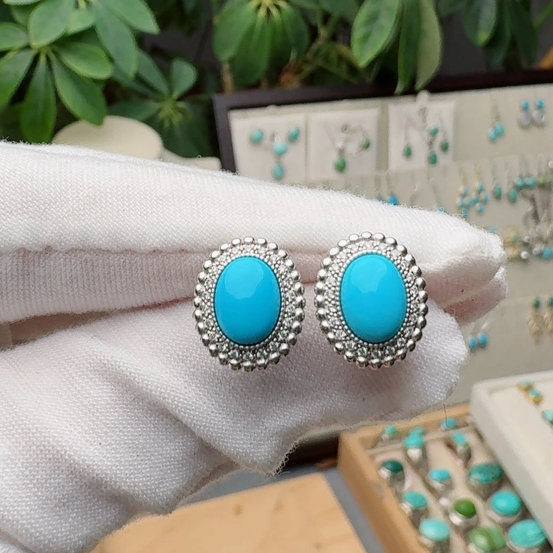 绿松石银S925镶嵌耳饰耳钉