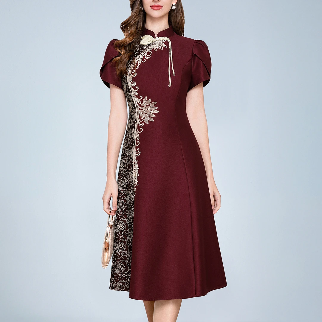 高端礼服2025新款中年人时尚连衣裙礼服裙妈妈装酒红气质显瘦婚宴