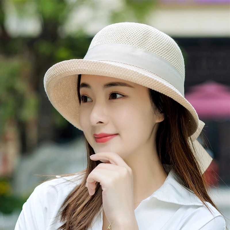爆款遮阳帽子女防晒时尚蝴蝶结飘带卷边太阳帽轻薄出游防晒帽
