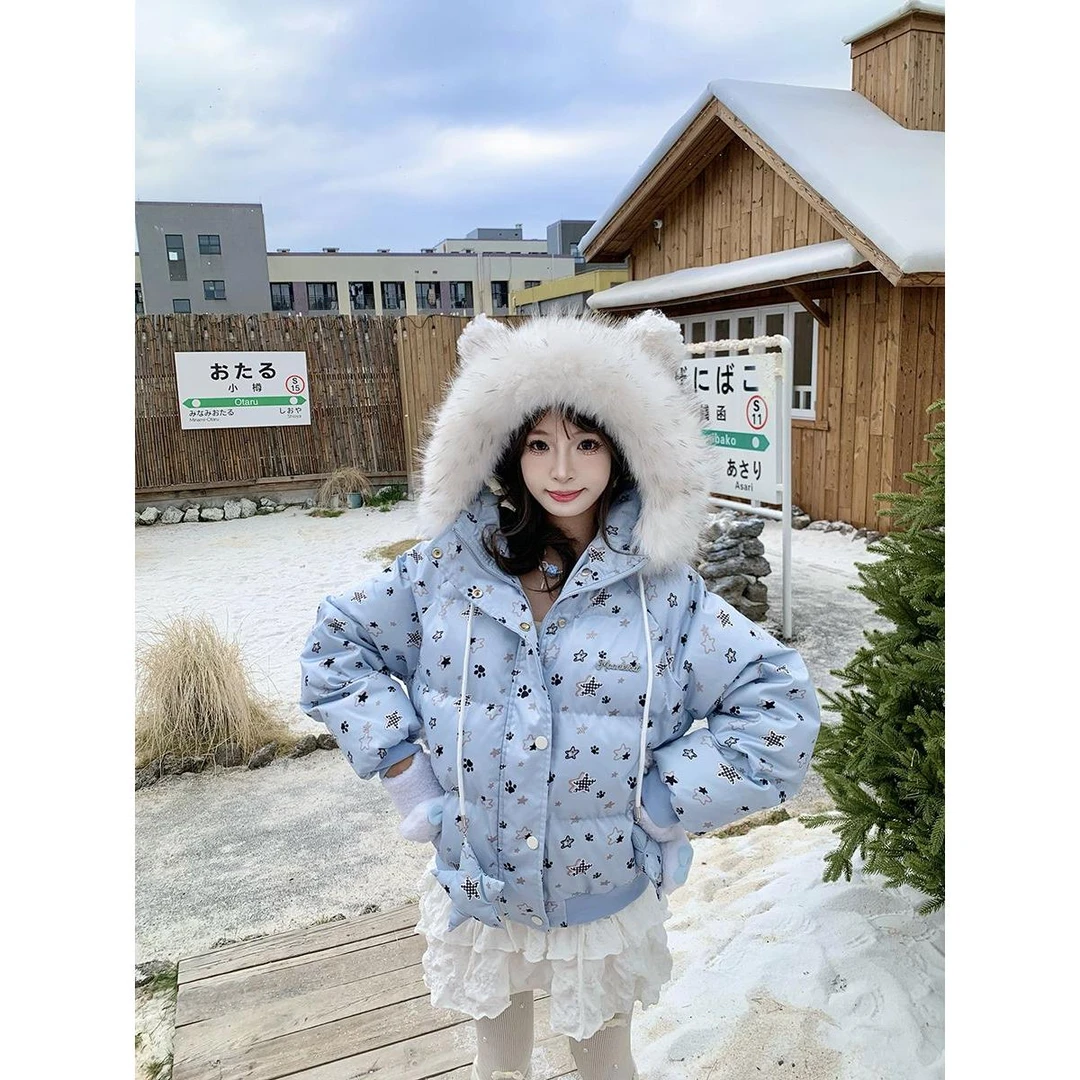 冬季新款星星毛领连帽棉服加厚女甜酷保暖面包服短款棉衣外套